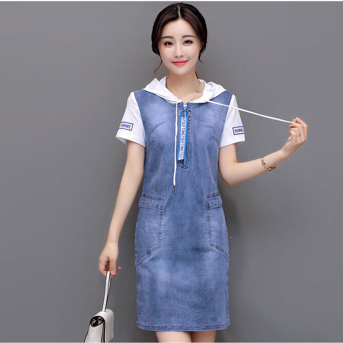 ĐẦM JEAN SUÔNG PHỐI TAY & NÓN TRẮNG